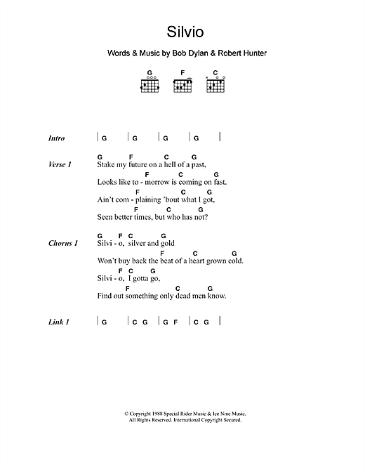Preview Bob Dylan Silvio Rock sheet music, notes and chords for Piano, Vocal & Guitar (Right-Hand Melody), SKU: 34215 Silvio sheet music