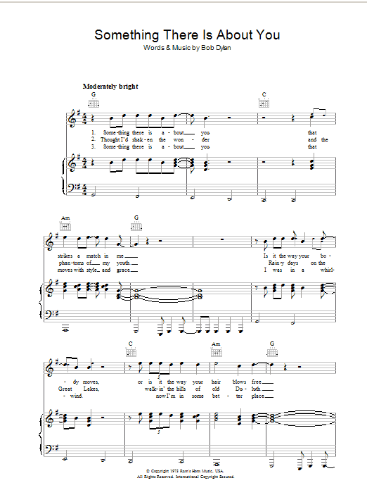 Preview Bob Dylan Something There Is About You Rock sheet music, notes and chords for Piano, Vocal & Guitar (Right-Hand Melody), SKU: 34213 Something There Is About You sheet music