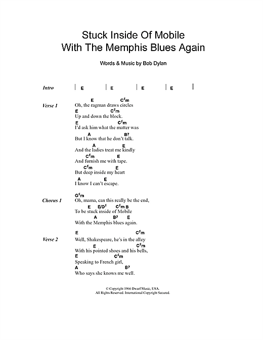 Preview Bob Dylan Stuck Inside Of Mobile With The Memphis Blues Again Rock sheet music, notes and chords for Piano, Vocal & Guitar (Right-Hand Melody), SKU: 34212 Stuck Inside Of Mobile With The Memphis Blues Again sheet music