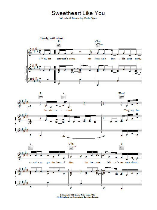 Preview Bob Dylan Sweetheart Like You Rock sheet music, notes and chords for Piano, Vocal & Guitar (Right-Hand Melody), SKU: 34211 Sweetheart Like You sheet music