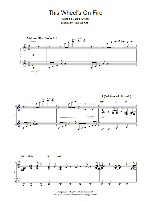 Preview Bob Dylan This Wheel's On Fire (theme from Absolutely Fabulous) Rock sheet music, notes and chords for Piano, SKU: 33021 This Wheel's On Fire (theme from Absolutely Fabulous) sheet music