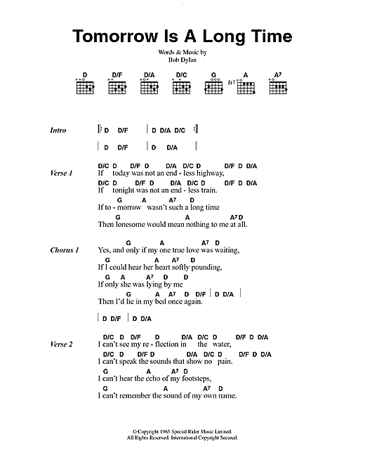 Preview Bob Dylan Tomorrow Is A Long Time Rock sheet music, notes and chords for Lyrics & Chords, SKU: 49868 Tomorrow Is A Long Time sheet music