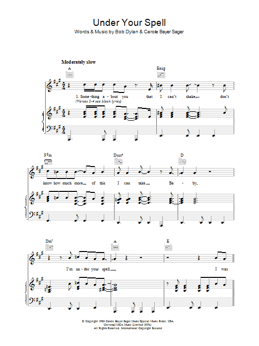Preview Bob Dylan Under Your Spell Rock sheet music, notes and chords for Piano, Vocal & Guitar (Right-Hand Melody), SKU: 34209 Under Your Spell sheet music