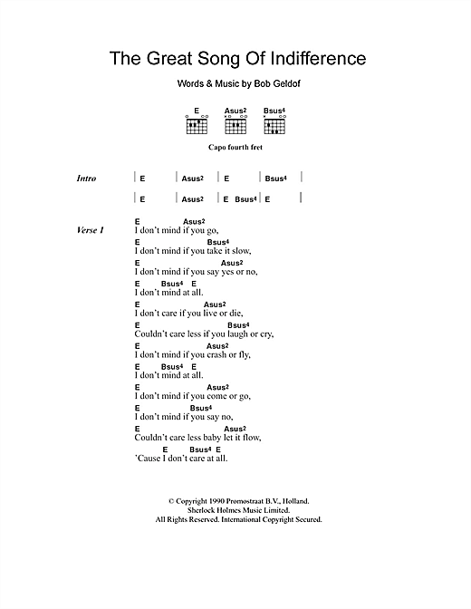 Bob Geldof The Great Song Of Indifference Sheet Music Notes & Chords for Lyrics & Chords - Download or Print PDF