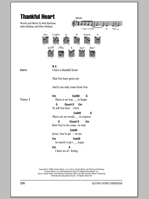 Preview Bob Hartman Thankful Heart Pop sheet music, notes and chords for Lyrics & Chords, SKU: 82152 Thankful Heart sheet music