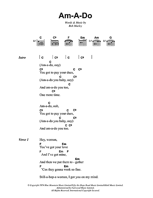Bob Marley Am-A-Do Sheet Music Notes & Chords for Lyrics & Chords - Download or Print PDF