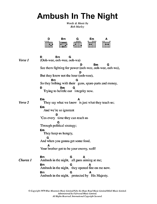 Bob Marley Ambush In The Night Sheet Music Notes & Chords for Lyrics & Chords - Download or Print PDF