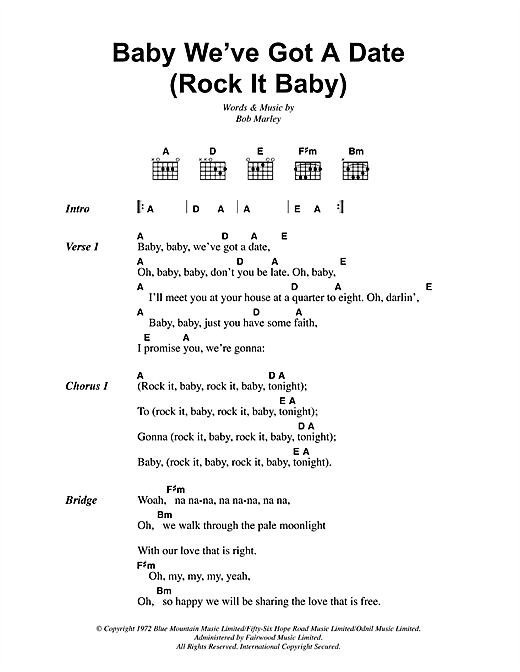 Bob Marley Baby We've Got A Date (Rock It Baby) Sheet Music Notes & Chords for Lyrics & Chords - Download or Print PDF