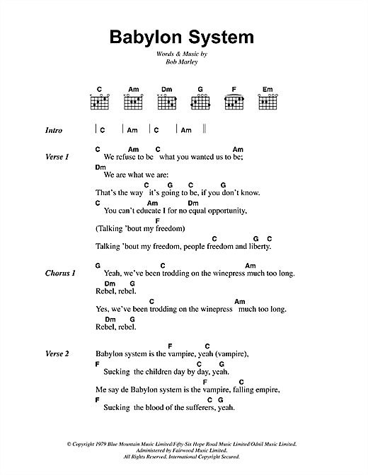 Bob Marley Babylon System Sheet Music Notes & Chords for Lyrics & Chords - Download or Print PDF