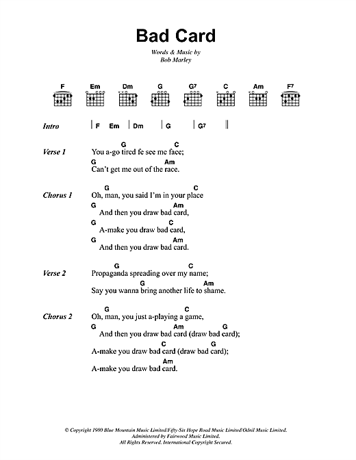Bob Marley Bad Card Sheet Music Notes & Chords for Lyrics & Chords - Download or Print PDF