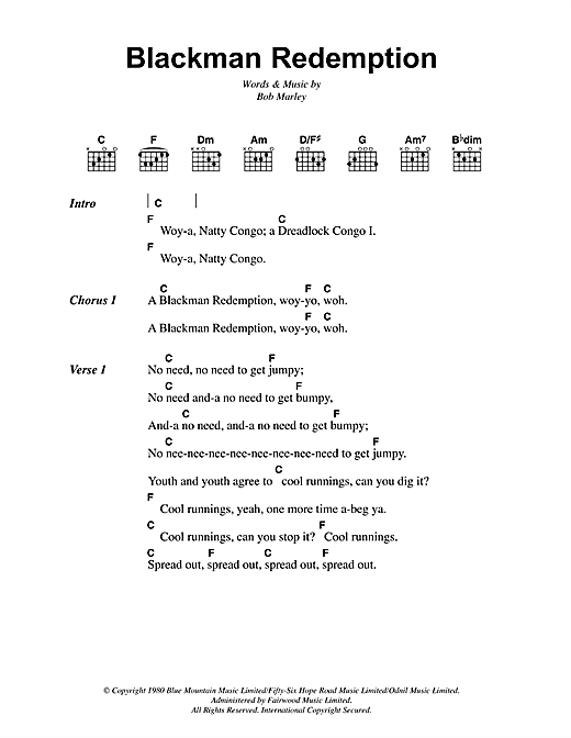 Bob Marley Blackman Redemption Sheet Music Notes & Chords for Lyrics & Chords - Download or Print PDF