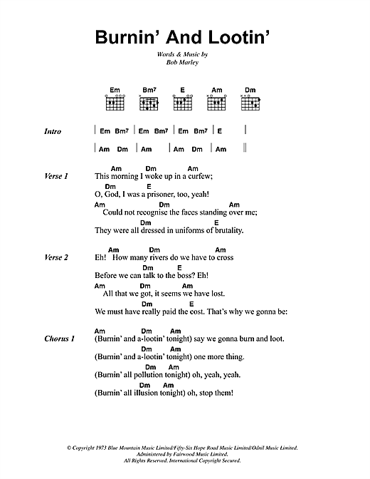 Bob Marley Burnin' And Lootin' Sheet Music Notes & Chords for Lyrics & Chords - Download or Print PDF