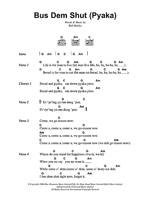 Bob Marley Bus Dem Shut (Pyaka) Sheet Music Notes & Chords for Lyrics & Chords - Download or Print PDF