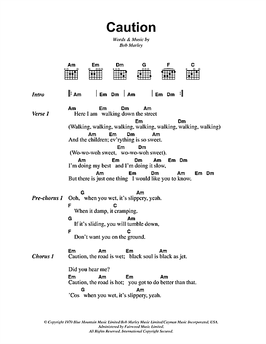 Bob Marley Caution Sheet Music Notes & Chords for Lyrics & Chords - Download or Print PDF
