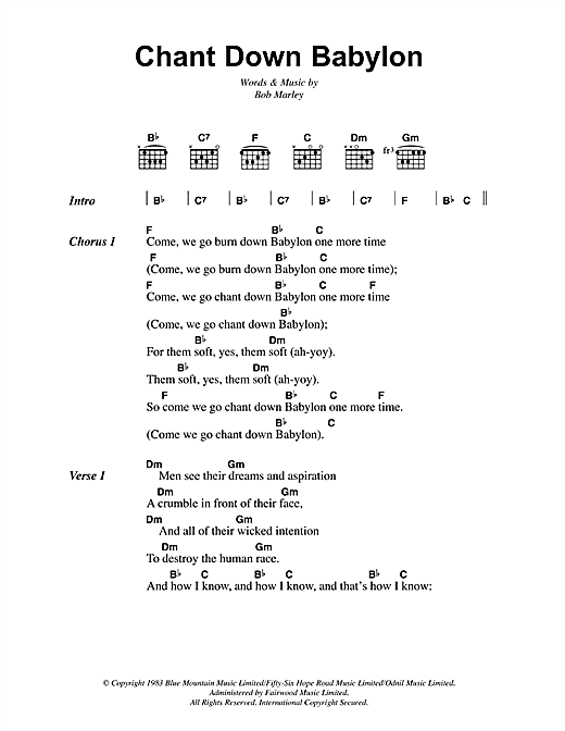 Bob Marley Chant Down Babylon Sheet Music Notes & Chords for Lyrics & Chords - Download or Print PDF