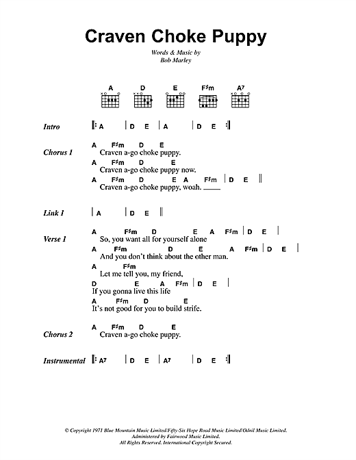 Bob Marley Craven Choke Puppy Sheet Music Notes & Chords for Lyrics & Chords - Download or Print PDF