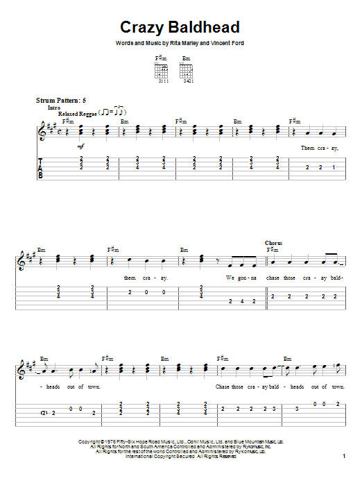 Preview Bob Marley Crazy Baldhead Reggae sheet music, notes and chords for Easy Guitar Tab, SKU: 23376 sheet music, piano notes, chords, guitar tabs, score, transpose, transcribe, how to play, guide, download, learn, tutorial, progression, song, artist, awards, billboard, mtv, vh1, tour, single, album, release