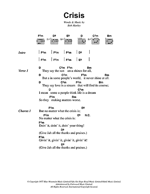 Bob Marley Crisis Sheet Music Notes & Chords for Lyrics & Chords - Download or Print PDF