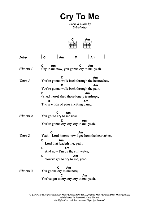 Bob Marley Cry To Me Sheet Music Notes & Chords for Lyrics & Chords - Download or Print PDF