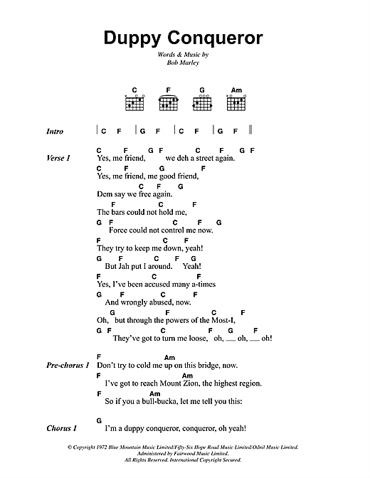 Bob Marley Duppy Conqueror Sheet Music Notes & Chords for Lyrics & Chords - Download or Print PDF