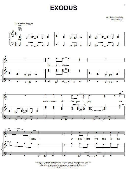 Preview Bob Marley Exodus Reggae sheet music, notes and chords for Piano, Vocal & Guitar (Right-Hand Melody), SKU: 21767 Exodus sheet music