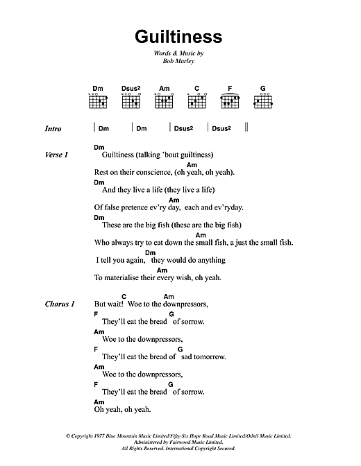Bob Marley Guiltiness Sheet Music Notes & Chords for Lyrics & Chords - Download or Print PDF