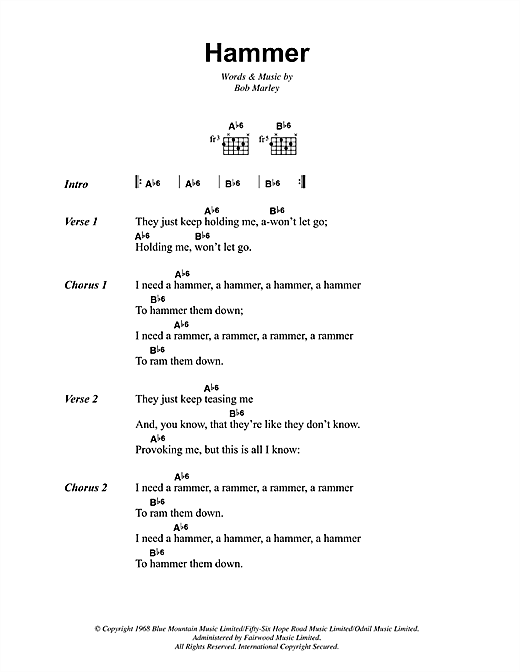 Bob Marley Hammer Sheet Music Notes & Chords for Lyrics & Chords - Download or Print PDF