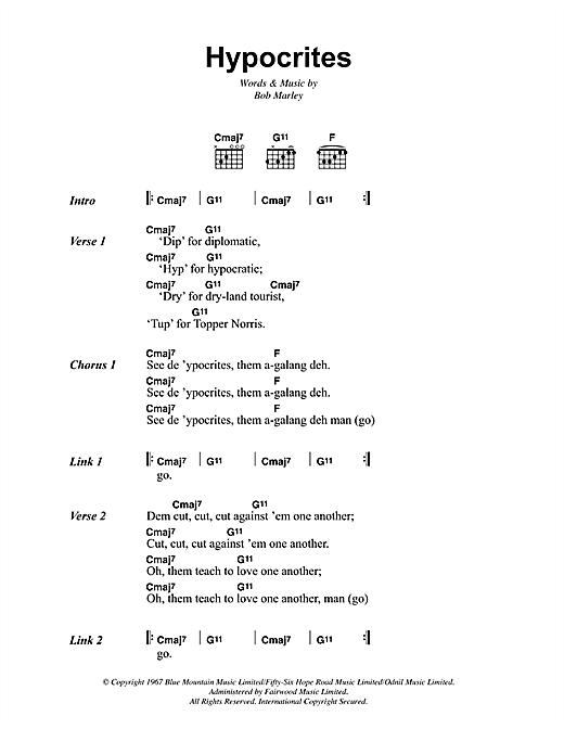 Bob Marley Hypocrites Sheet Music Notes & Chords for Lyrics & Chords - Download or Print PDF