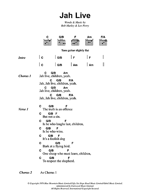 Bob Marley Jah Live Sheet Music Notes & Chords for Lyrics & Chords - Download or Print PDF