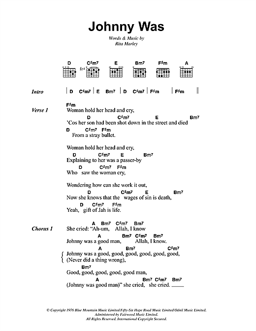 Bob Marley Johnny Was Sheet Music Notes & Chords for Lyrics & Chords - Download or Print PDF