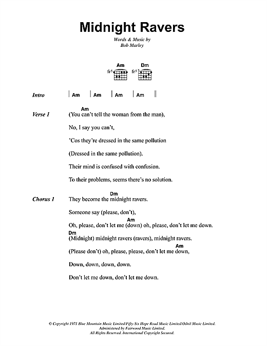 Bob Marley Midnight Ravers Sheet Music Notes & Chords for Lyrics & Chords - Download or Print PDF