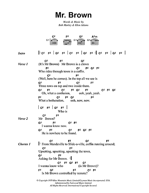 Bob Marley Mr. Brown Sheet Music Notes & Chords for Lyrics & Chords - Download or Print PDF