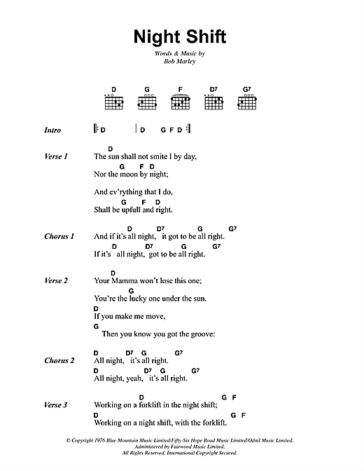 Bob Marley Night Shift Sheet Music Notes & Chords for Lyrics & Chords - Download or Print PDF