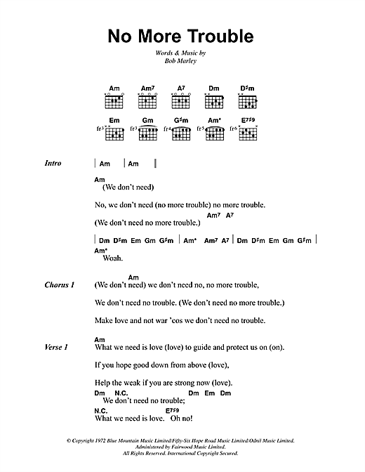Bob Marley No More Trouble Sheet Music Notes & Chords for Lyrics & Chords - Download or Print PDF