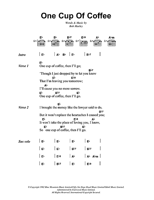 Bob Marley One Cup Of Coffee Sheet Music Notes & Chords for Lyrics & Chords - Download or Print PDF
