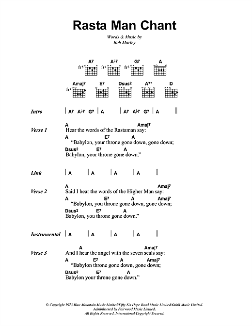 Bob Marley Rasta Man Chant Sheet Music Notes & Chords for Lyrics & Chords - Download or Print PDF
