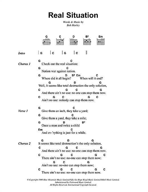 Bob Marley Real Situation Sheet Music Notes & Chords for Lyrics & Chords - Download or Print PDF