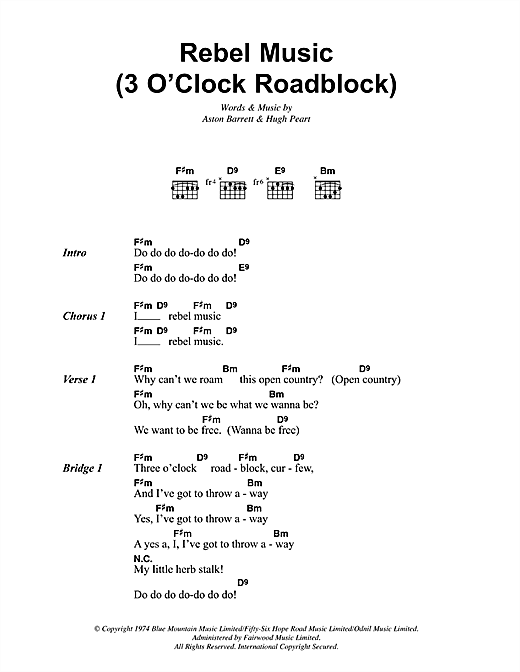 Bob Marley Rebel Music (3 O'Clock Roadblock) Sheet Music Notes & Chords for Lyrics & Chords - Download or Print PDF
