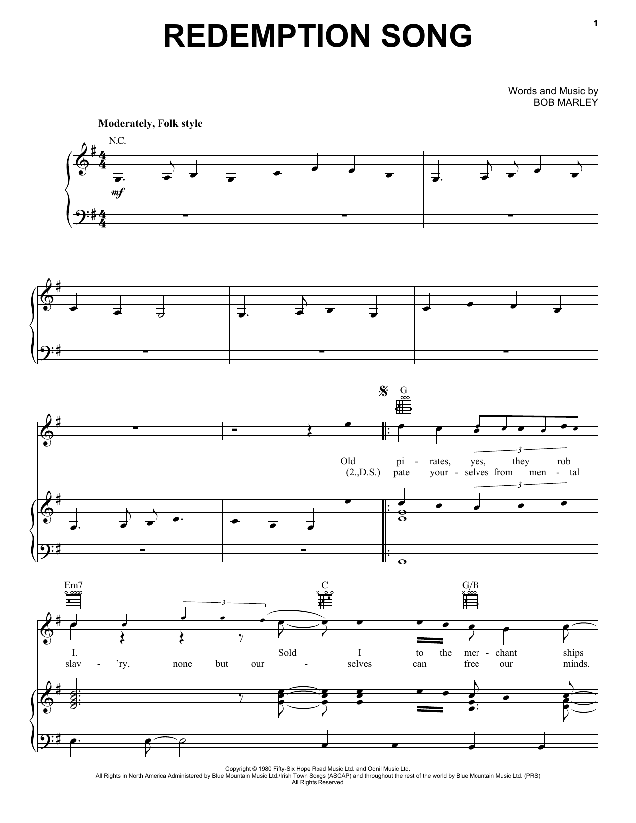 Bob Marley Redemption Song Sheet Music Download Pdf Score