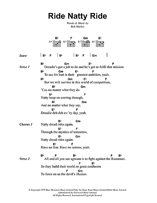 Bob Marley Ride Natty Ride Sheet Music Notes & Chords for Lyrics & Chords - Download or Print PDF