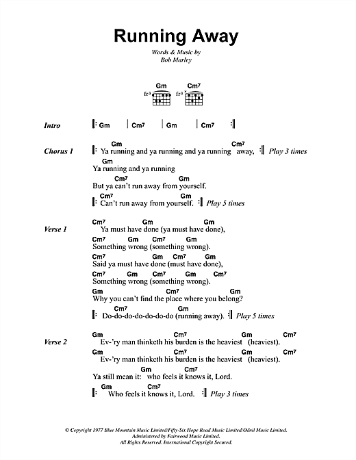 Bob Marley Running Away Sheet Music Notes & Chords for Lyrics & Chords - Download or Print PDF