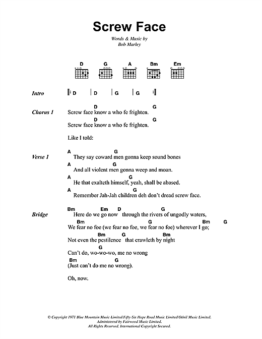 Bob Marley Screw Face Sheet Music Notes & Chords for Lyrics & Chords - Download or Print PDF