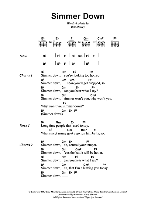 Bob Marley Simmer Down Sheet Music Notes & Chords for Lyrics & Chords - Download or Print PDF
