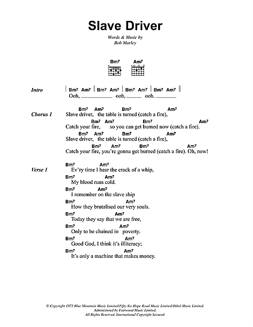 Bob Marley Slave Driver Sheet Music Notes & Chords for Lyrics & Chords - Download or Print PDF