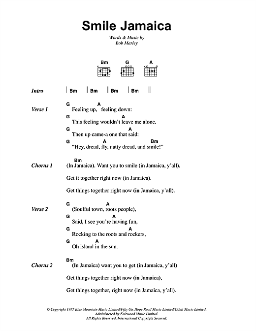 Bob Marley Smile Jamaica Sheet Music Notes & Chords for Lyrics & Chords - Download or Print PDF