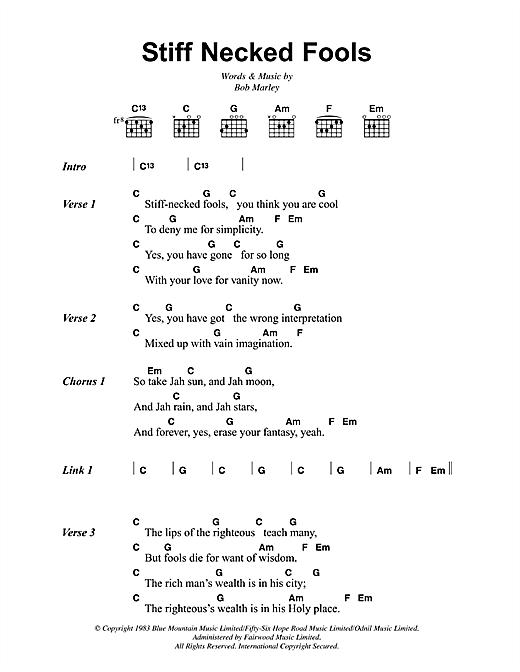 Bob Marley Stiff Necked Fools Sheet Music Notes & Chords for Lyrics & Chords - Download or Print PDF