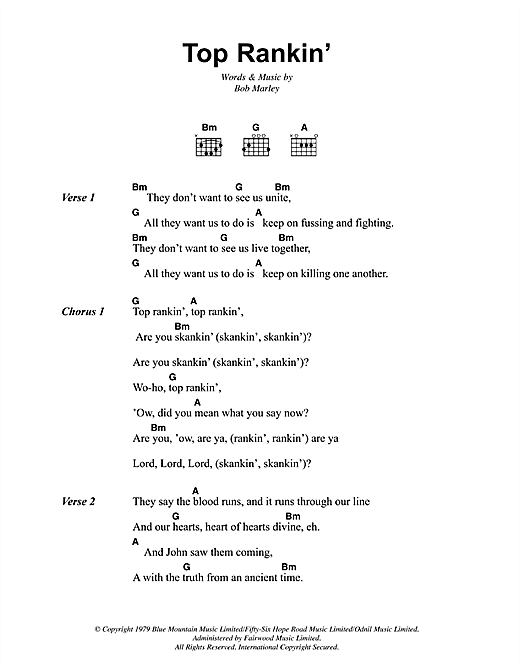 Bob Marley Top Rankin' Sheet Music Notes & Chords for Lyrics & Chords - Download or Print PDF