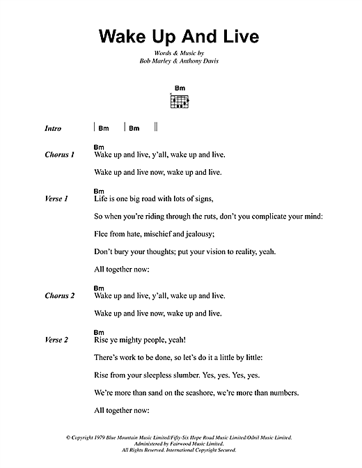 Bob Marley Wake Up And Live Sheet Music Notes & Chords for Lyrics & Chords - Download or Print PDF