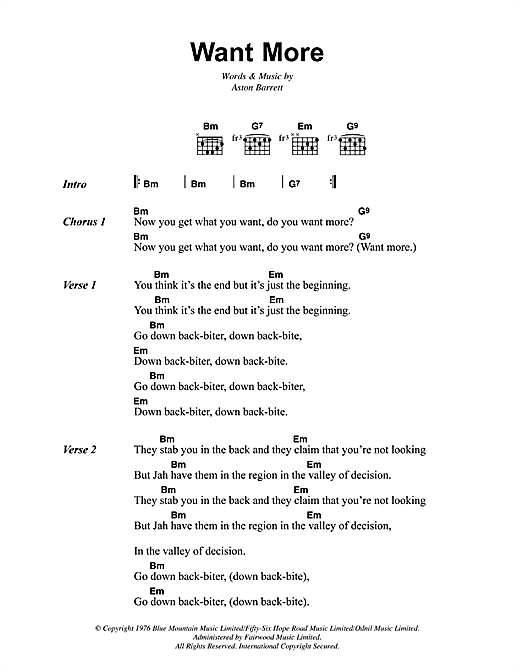 Bob Marley Want More Sheet Music Notes & Chords for Lyrics & Chords - Download or Print PDF