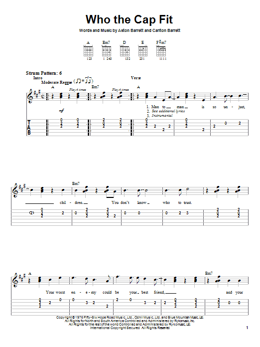 Preview Bob Marley Who The Cap Fit Reggae sheet music, notes and chords for Easy Guitar Tab, SKU: 23391 sheet music, piano notes, chords, guitar tabs, score, transpose, transcribe, how to play, guide, download, learn, tutorial, progression, song, artist, awards, billboard, mtv, vh1, tour, single, album, release